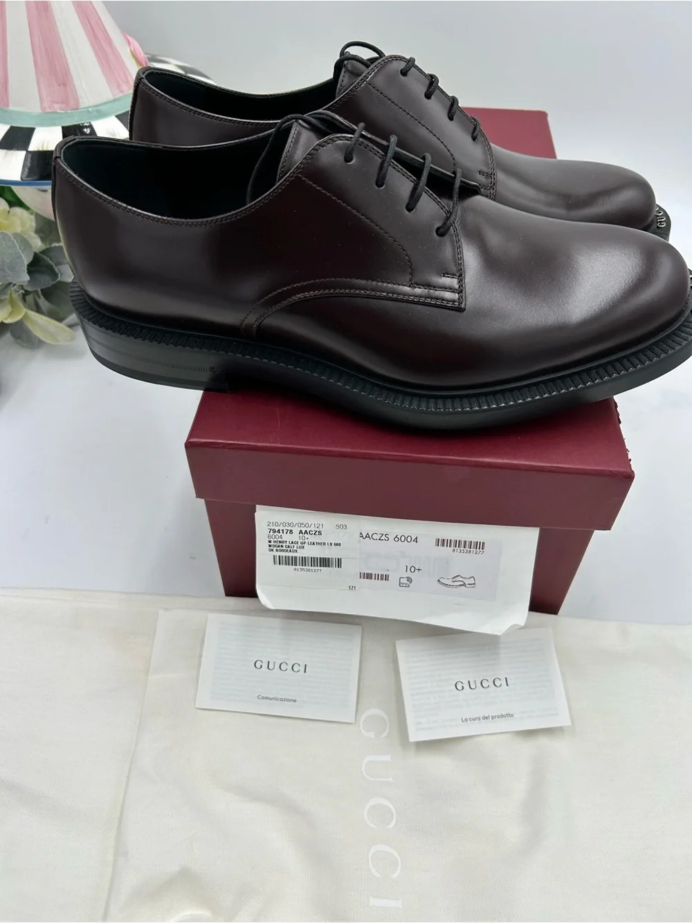 Men's Gucci logo lettering, Cordovan, Derby shoes size 10.5 fits 11 US NWT